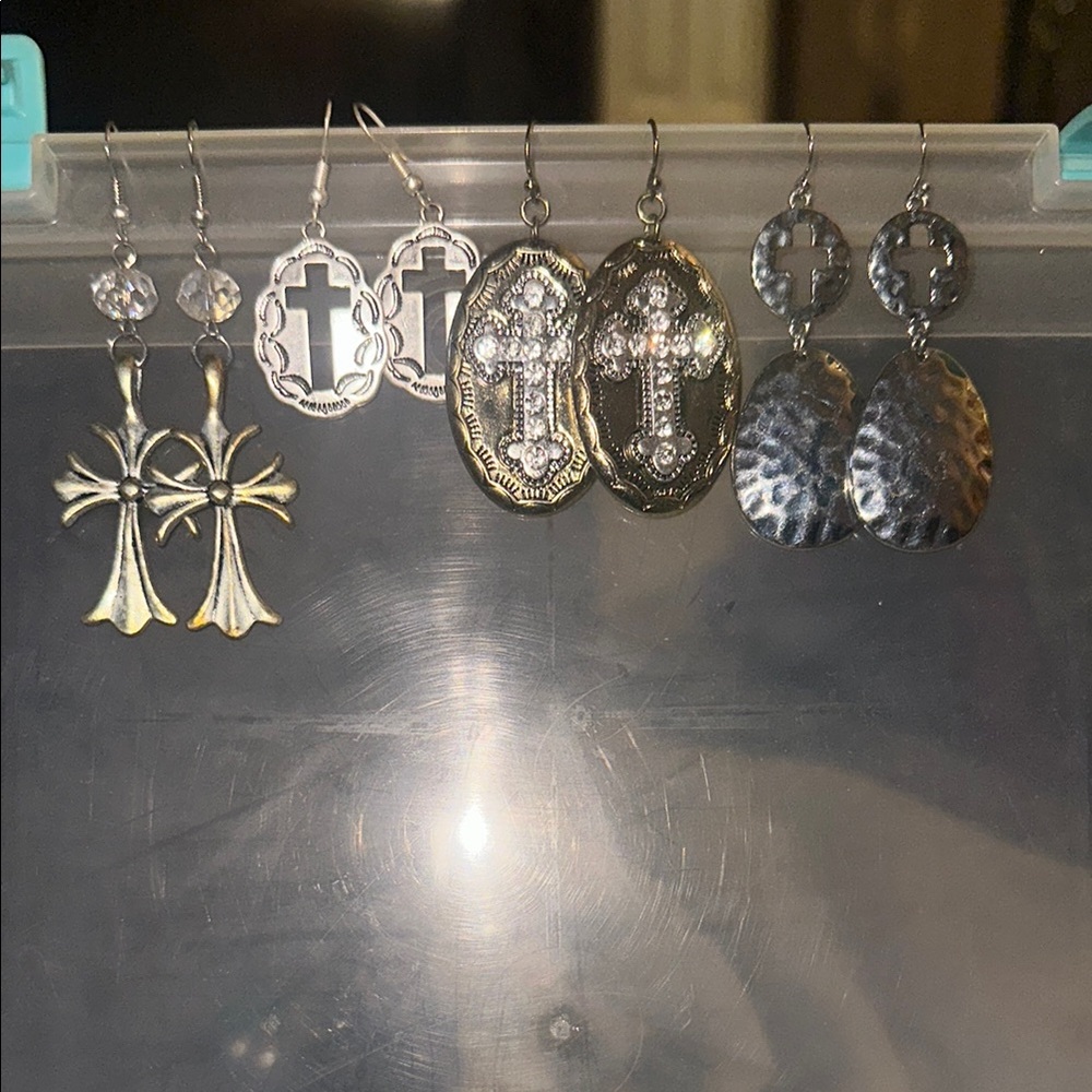 Silver and Gold Cross Earrings Set